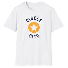 Load image into Gallery viewer, White cotton tdee shirt that reads Circle City. The originals design is a white star in a golden circle for the t-shirt.
