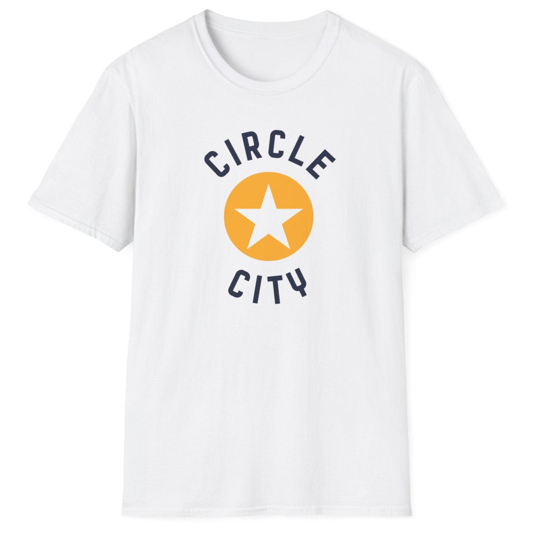 White cotton tdee shirt that reads Circle City. The originals design is a white star in a golden circle for the t-shirt.