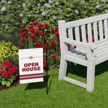 Load image into Gallery viewer, An open house sign that will turn heads in the state of Alabama. These realtor yard signs have excellent visibility and are white with crimson scarlett letter.
